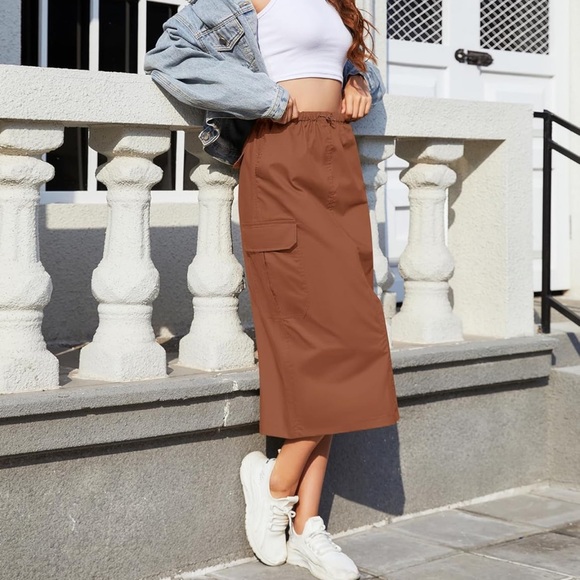 Midi Cargo Skirt with Multiple Pockets Adjustable Drawstring waist,  Back Split - Picture 5 of 5